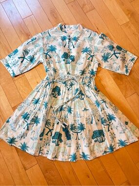 Verandah Elephant Lion Palm Tree teal white safari cotton dress size medium